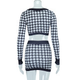 Women V-Neck Houndstooth Print Crop Top and Bodycon mini Skrit Two Piece