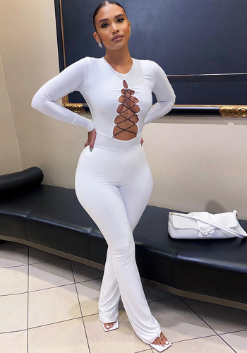 Women Solid Round Neck Cut Out Tie Long Sleeve Jumpsuit