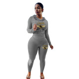 Women Print Long Sleeve Hoodies and Pant Two Piece Set