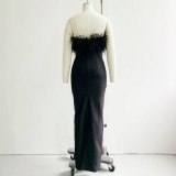 Women Black Off Shoulder Faux Ostrich Fur Slim Elegant Dress