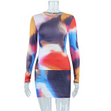 Women Round Neck Long Sleeve Printed Top and Skirt Two Piece
