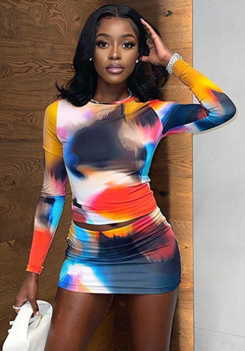 Women Round Neck Long Sleeve Printed Top and Skirt Two Piece