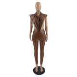 Women's spring and summer popular leather two-piece style cardigan suit for women
