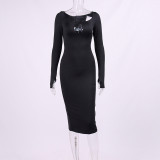 Autumn and Winter Hollow Dress Women's Sexy Square Neck Slit Bodycon Dress