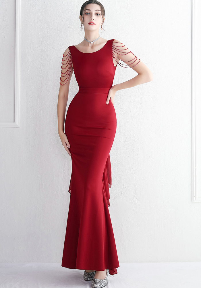 Wholesale Chiffon Satin Beaded Long Formal Party Slim Evening Dress Chic Elegant Long Annual