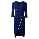 Fall Winter Button Patchwork Chic Bodycon Career Dress