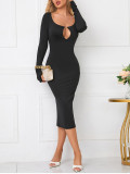 Autumn and Winter Hollow Dress Women's Sexy Square Neck Slit Bodycon Dress