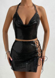 Autumn Sexy Metallic Sequins Lace-Up Two Piece Night Club Skirt Set