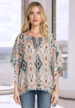 Top estampado de camiseta con mangas de murciélago y cordones para mujer de verano
