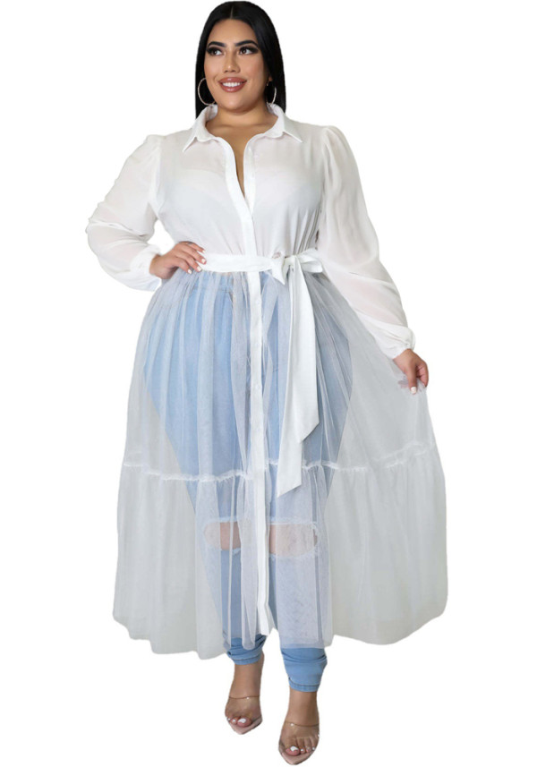Plus Size Women'S Chiffonmesh Ruched Top Casual Long Sleeve Dress