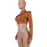 Ladies Fashion Casual Pu Solid Color Zipper Short Jacket