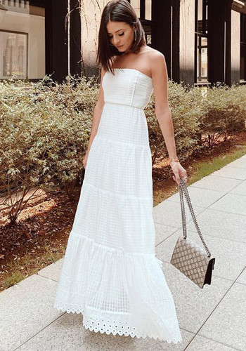 Sexy trägerloses langes weißes Kleid für Damen, lässiges Urlaubskleid