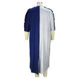 Plus Size Women Contrast Color Pleated Dolman Sleeve Loose Dress