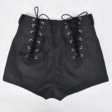 Women Fall Cutout Pocket Button High Waist Lace-Up PU-Leather Shorts