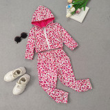 Girls Pink Leopard Print Long Sleeve Hooded Top And Leg Pants Sports Two-piece Set