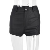 Women Fall Cutout Pocket Button High Waist Lace-Up PU-Leather Shorts