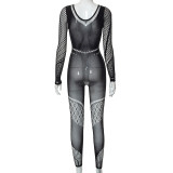 Women Sexy See-Through Cutout Long Sleeve Mesh Jumpsuit