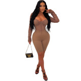 Women Solid Color Long Sleeve mesh See-Through Romper