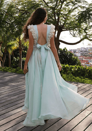 Женское летнее свежее платье, сплошное цветное платье с глубоким V-образным вырезом, шифоновое платье