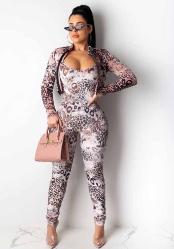 Women Leopard Print Jumpsuit And Zip-Up Jacket Set