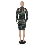 Women Camouflage Print Long Sleeve Dress