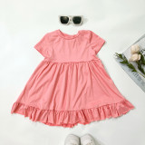 Girls Solid Color Short Sleeve Ruffle Pleated Skirt