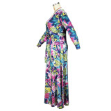 Plus Size Women Long-sleeved Deep V-Neck Slit Printed Lace-Up Maxi Dress