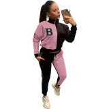 Women Casual Letter B Colorblock Long Sleeve Top And Pant Two Piece Set