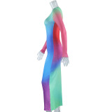 Women Fall Round Neck Long Sleeve Printed Maxi Dress