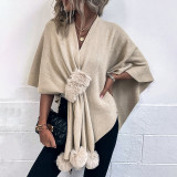 Women Solid Color Fur Pom Cape Shawl Sweater