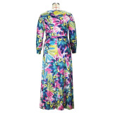 Plus Size Women Long-sleeved Deep V-Neck Slit Printed Lace-Up Maxi Dress