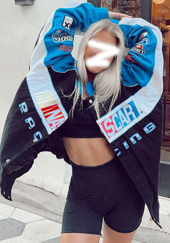 Jaqueta corta-vento feminina casual estampa esportiva oversized manga longa