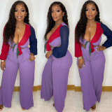Women Color Block Lace-Up Long Sleeve Top And Wide Leg Pants Two Piece Set
