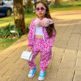 Girls Pink Leopard Print Long Sleeve Hooded Top And Leg Pants Sports Two-piece Set