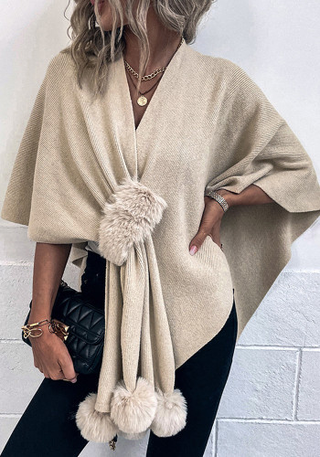 Suéter xale feminino de cor sólida de pele com pompom