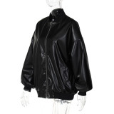 Women Winter Casual PU-Leather Zipper Loose Long Sleeve Jacket