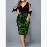Plus Size Women V Neck Sequin Cutout Half Sleeve Dress