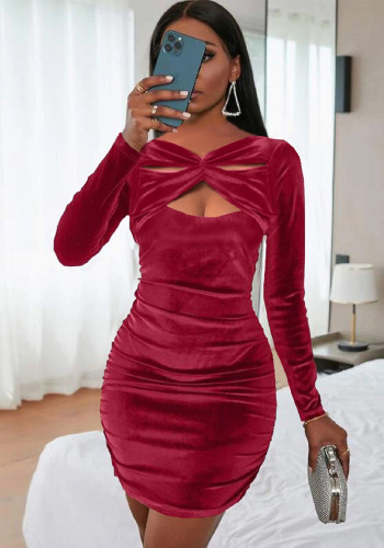 Women Sexy Cutout Pleated Velvet Dress