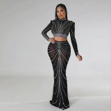 Women Sexy See-Through Beaded Long Sleeve Top And Pant Two Piece Set