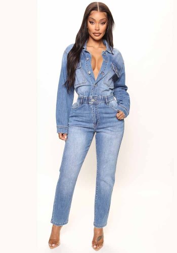 Macacão jeans feminino de manga comprida