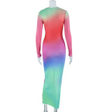Women Fall Round Neck Long Sleeve Printed Maxi Dress