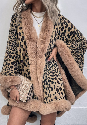 Suéter chal de leopardo cárdigan con cuello de piel sintética de otoño e invierno para mujer