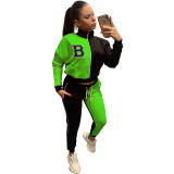 Women Casual Letter B Colorblock Long Sleeve Top And Pant Two Piece Set