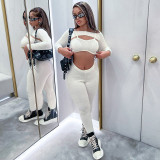 Women Sexy Solid Color Tops and Crop Suspenders Trousers Three-Piece