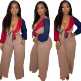 Women Color Block Lace-Up Long Sleeve Top And Wide Leg Pants Two Piece Set