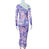 Women Fall Slash Shoulder Pleated Print Long Sleeve Maxi Dress