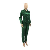 Ladies Satin Lace-Up Long Sleeve Top And Pant Two Piece Set