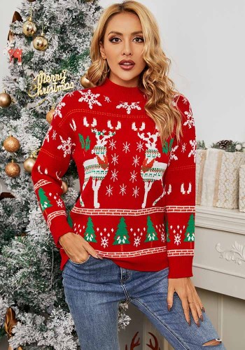 クリスマスの女性のクリスマス ツリーの鹿のジャカード セーター