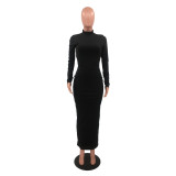 Women Sexy Solid Color Backless Fingerless Long Sleeve Dress