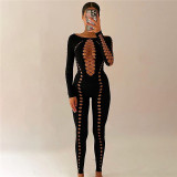 Autumn Winter Women's Fashion Sexy Ripped Hollow Solid Color High Stretch Long Tight Fitting Jumpsuit